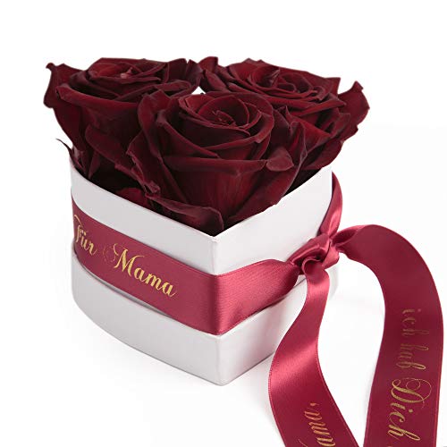 ROSEMARIE SCHULZ Heidelberg Infinity Rosenbox Herzform Geschenk zum Muttertag Blumen 3 konservierte Rosen Satinband Goldschrift (Burgundy, 3 Rosen Mama, ich hab Dich lieb)