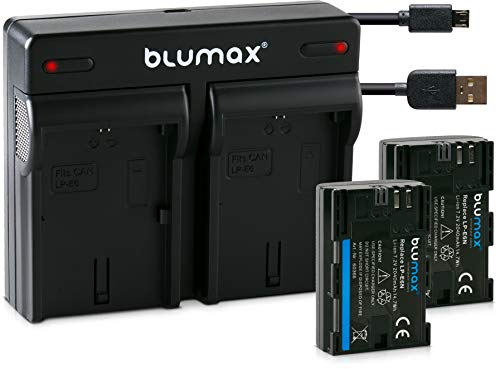 Blumax 2X Akku 2040mAh für Canon LP-E6N/LPE6N + USB Mini Dual-Ladegerät für Canon EOS-R, EOS R, XC10 XC15 EOS 60D 70D 80D 5D Mark I Mark II Mark III IV 6D Mark I II 7D Mark I II
