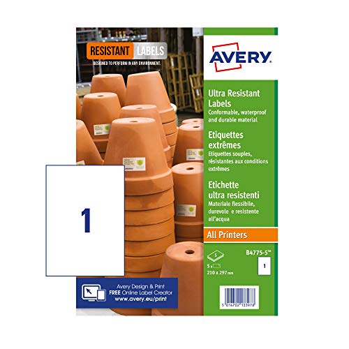 Avery B4775-5 Etiketten, sehr widerstandsfähig, A4, 210 x 297 mm, 5 Etiketten, Weiß