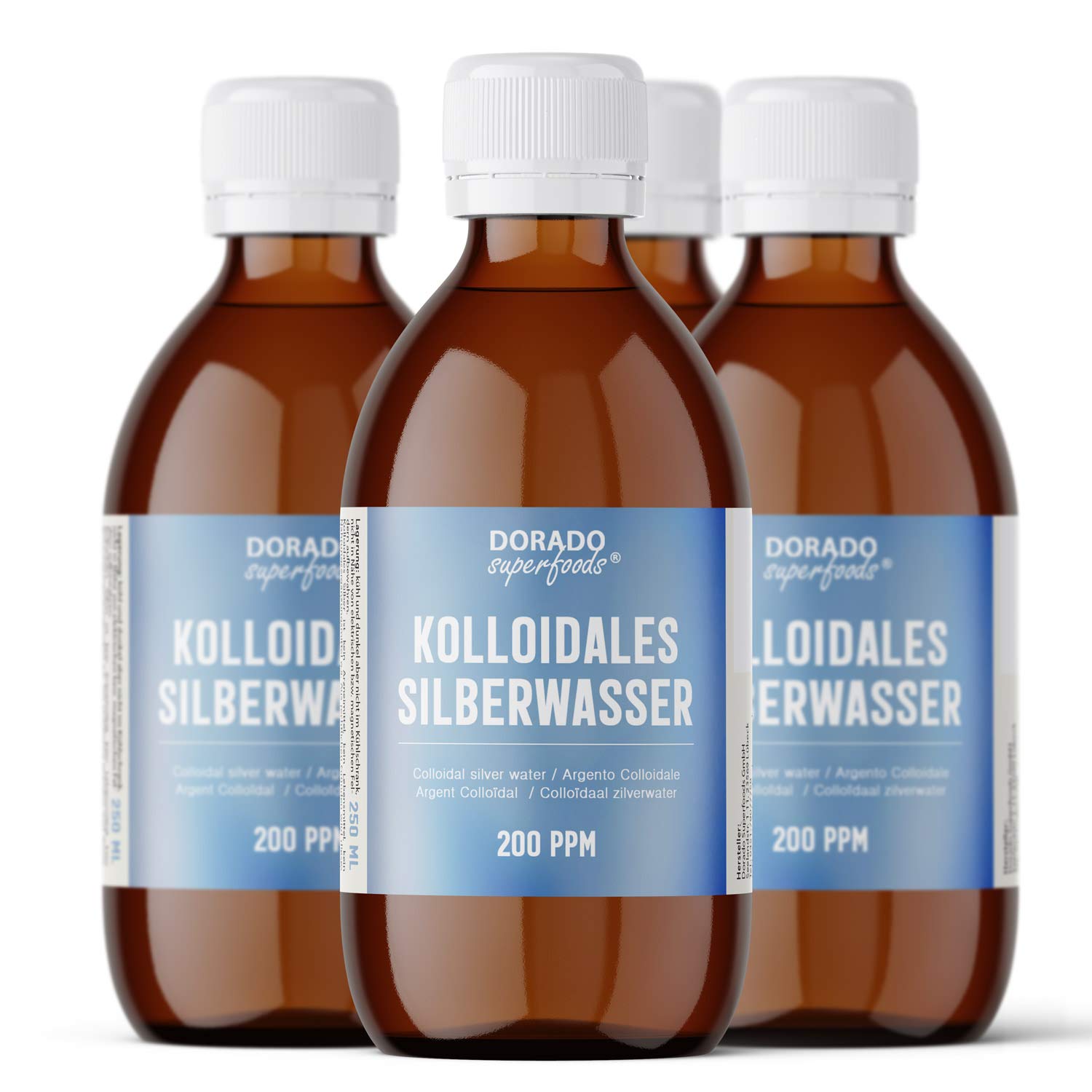 Dorado Superfoods® kolloidales Silber Silberwasser | 200 ppm 1000 ml (4 x250 ml) | in medizinischer Braunglasflasche