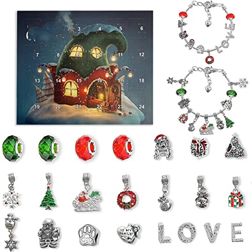 JIAWEIIY DIY 24 Tage Weihnachten Countdown Kalender Armbänder Set, DIY Armband Making Kit für Frauen Kinder mit 22 Charm-Perlen, 2 Armbänder, für Weihnachtsschmuckherstellung (A)