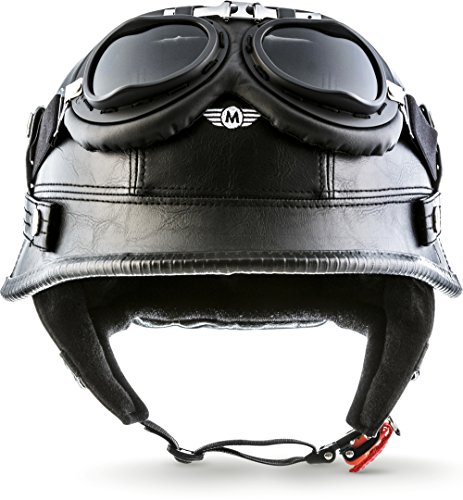 Moto Helmets® D33-Set „Leather Black“ · Brain-Cap · Halbschale Jet-Helm Motorrad-Helm Roller-Helm Scooter-Helm Bobber Mofa-Helm Chopper Retro Cruiser Vintage Pilot Biker Helmet Brille · M (57-58cm)