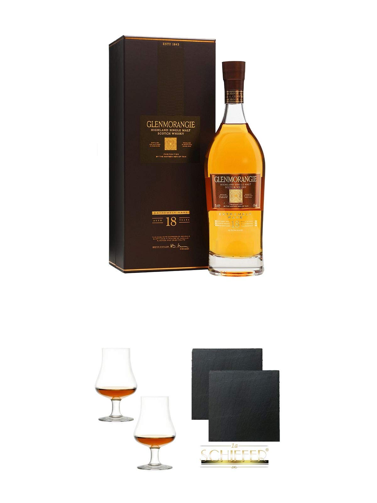Glenmorangie 18 Jahre Extremely Rare 0,7 Liter + Stölzle Nosingglas für Whisky 2 Gläser - 1610031 + Schiefer Glasuntersetzer eckig ca. 9,5 cm Ø 2 Stück