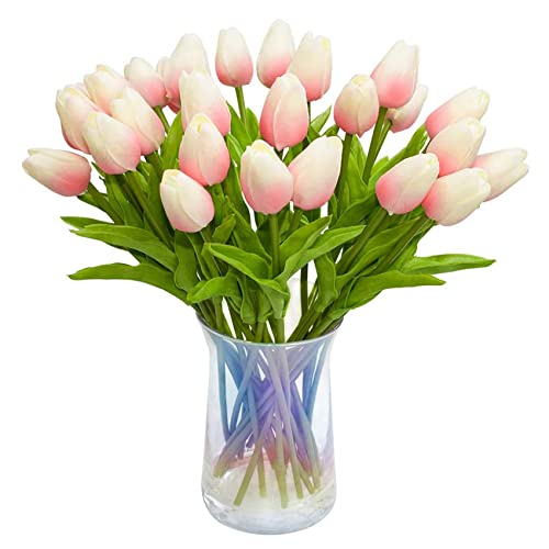 Ntcpefy Künstliche Tulpen, fühlen sich echt an, , PU-Blumenstrauß, Weiß, 30 Stück (hellrosa)