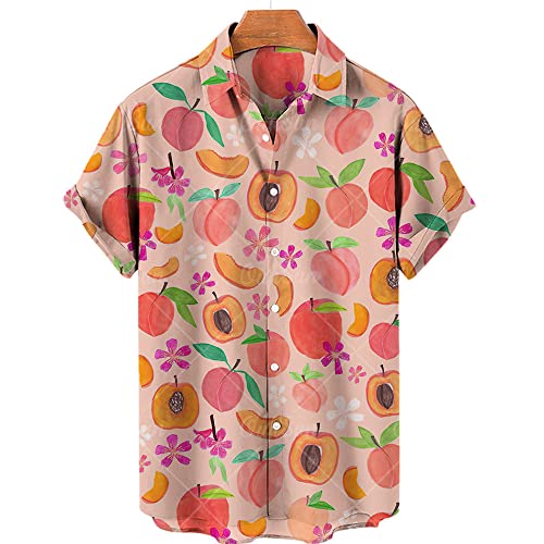 SNPP Herren Hawaii Hemd,Herrenhemden Mit 3D-Druck, Erfrischendes Pfirsichmuster, Rosa Hemden, Einfache Modische Herren-Strandhemden Mit Knöpfen Für Den Alltag Und Den Urlaub Am Meer,XL