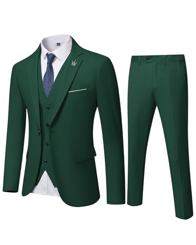 EastSide Herren Slim Fit 3-teiliger Anzug, Ein-Knopf-Blazer-Set, Jacke Weste & Hose, dunkelgrün, S