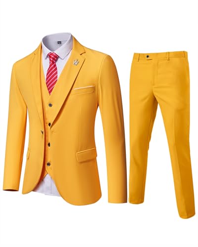 EastSide Herren Slim Fit 3-teiliger Anzug, Ein-Knopf-Blazer-Set, Jacke, Weste & Hose, gelb, L