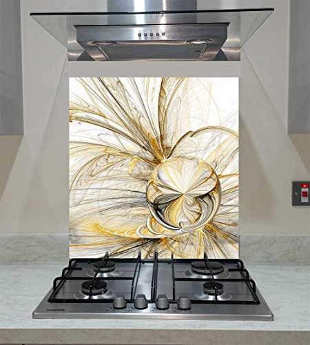 Spritzschutz, Platte Küche, gehärtetes Glas, graue und gelbe abstrakte Wellen auf weißem Hintergrund, jede Größe, Va Art Glas (Breite 80 x Höhe 60 /cm)