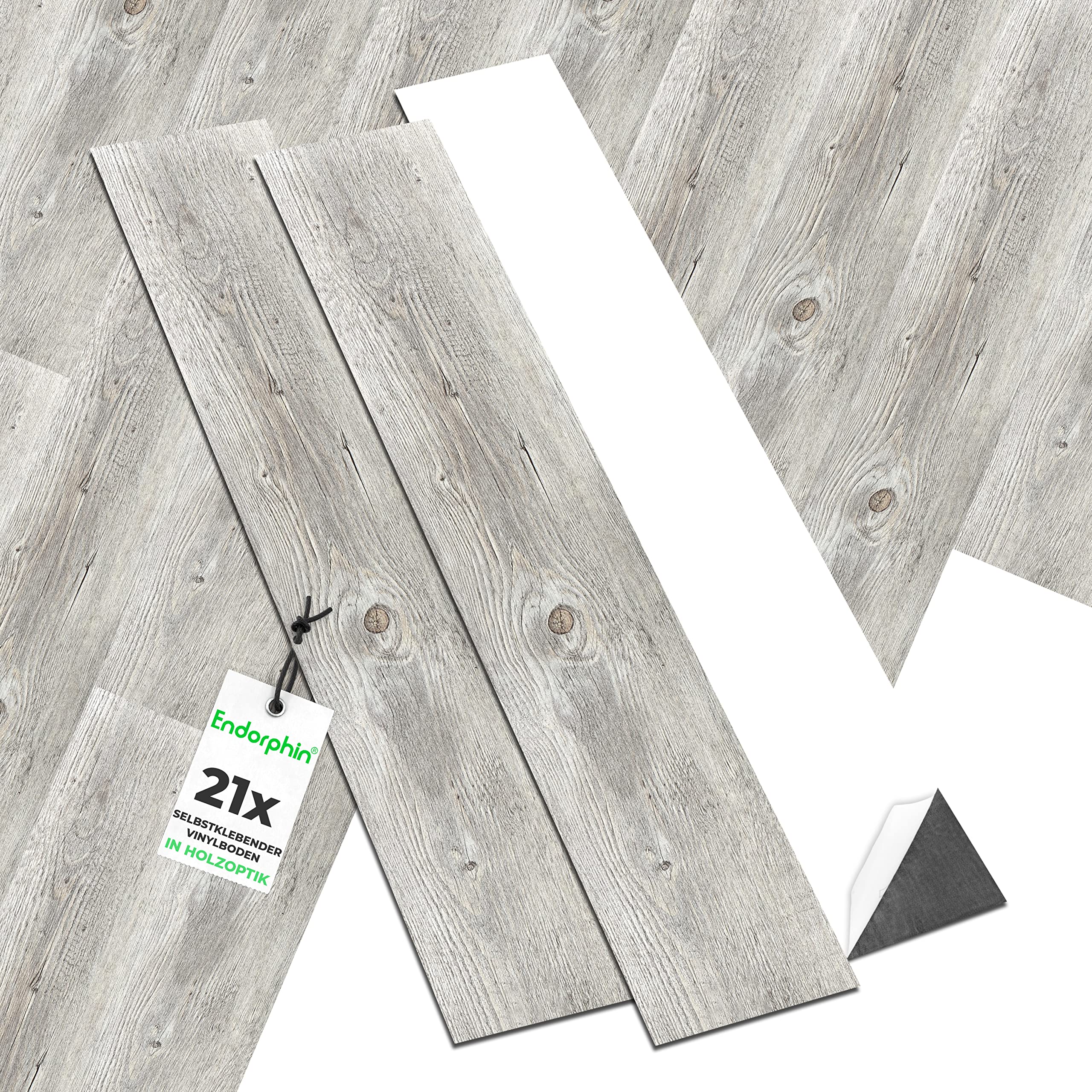 ENDORPHIN® PVC Bodenbelag in Beigegrau | Vinylboden mit Holz-Optik | aus recyceltem Material | 91,44 x 15,24 x 0,2cm | 21 Stück für circa 2,93qm | Selbstklebender Holzboden | Klebefliesen