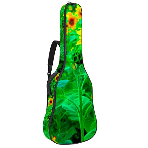 Gitarren-Gigbag, wasserdicht, Reißverschluss, weicher Gitarren-Rucksack, Bassgitarre, Akustik- und klassische Folk-Gitarren-Tasche, Sonnenblumen-Blumen, Gelb, Pflanzen-Grün
