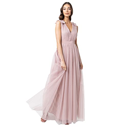 Maya Deluxe Women's Maxi with Ruffle Shoulder Detail Bridesmaid Dress, Frosted Pink, 38