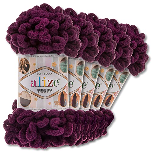 Alize 5 x 100 g Puffy Wolle Chenille Schlaufenwolle Häkeln und Stricken ohne Hilfsmittel Kleidung Accesoire Decken Teppiche (111 | Pflaume)