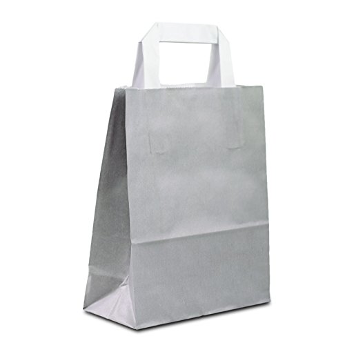 250 x Papiertaschen grau 18+08x22 cm | stabile Papiertragetaschen | Papierbeutel Flachhenkel | Paper Bag klein | Papiertüten | HUTNER