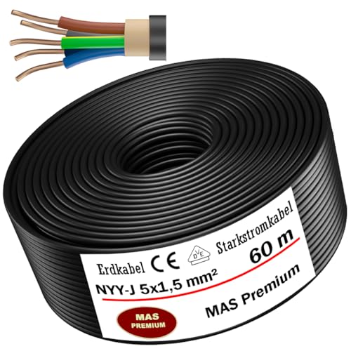 MAS-Premium® Erdkabel Deutscher Marken-Elektrokabel Ring zur Verlegung im Erd- und Außenbereich Standard Starkstromkabel Made in Germany (NYY-J 5x1,5 mm², 60m)