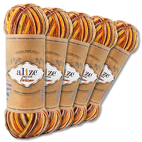 Wohnkult Alize 5 x 100 g Superwash Artisan Sockenwolle Premium 16 Auswahl Kontrast Häkeln Stricken (9006)