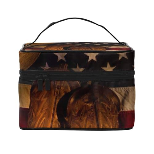 Galaxy Planet Reise-Make-up-Tasche, tragbare Kosmetiktasche für Frauen und Mädchen – stilvoll und geräumig, Amerikanische Flagge mit Cowboystiefeln, Einheitsgröße