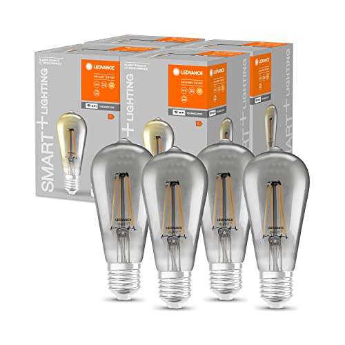 LEDVANCE Smarte LED-Lampe mit Wifi Technologie, Sockel E27, Dimmbar, Warmweiß, Edisonform, Klares Filament im Rauchglas, Ersatz für herkömmliche 44W-Birnen, steuerbar mit Alexa, Google & App, 4er-Pack
