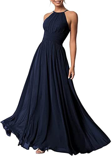 Damen A-Linie Chiffon Plissee Brautjungfernkleider Langes Neckholder Schulterfrei formelles Kleid, marineblau, 32