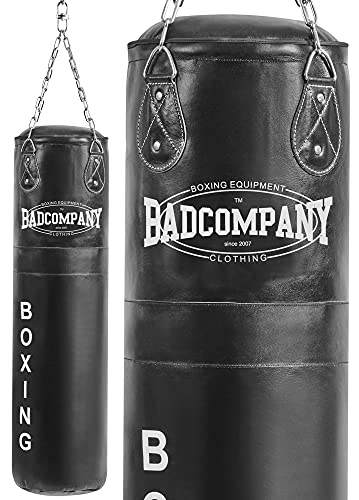 Bad Company Boxsack inkl. Heavy Duty Vierpunkt-Stahlkette I Leder Punching Bag, gefüllt I 100 x 35 cm - Schwarz