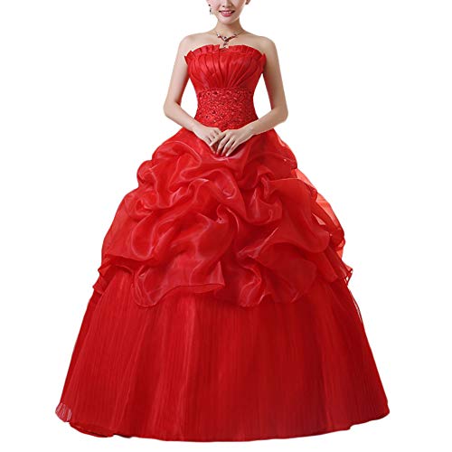 Damen Prinzessin Langes Kleid Trägerlos Hochzeitskleid A Linie Partykleid Abendkleid Brautjungfernkleid Ballkleid Rot M