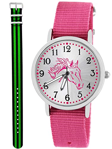 Pacific Time Kinder Armbanduhr Mädchen Junge Pferd Kinderuhr Set 2 Textil Armband rosa + grün schwarz analog Quarz 10558