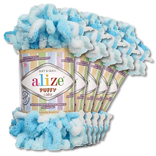 Wohnkult Alize 5x100 g Puffy Color Premium Wolle 26 Farbkombinationen Chenille Handarbeit Stricken und Häkeln ohne Hilfsmittel Smart Yarn (5924)