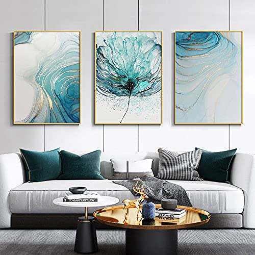 Blaue abstrakte Blume Leinwand Poster Druck Aquarell Geometrische Achat Wandkunst Malerei Bild für Wohnzimmer Wohnkultur 70x100cm(28x39in)x3 Rahmenlos
