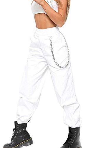 Damen Lang Hosen Frühling Herbst Mode Mit Taschen Pluderhose Elastische Taille Loose Outdoor Streetwear Haremshose High Waist Hose (Weiß,XL)
