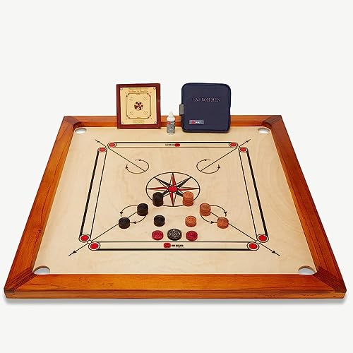 Carrom Board Set offizielle Größe 7 kg - 74cm x 74cm interner Spielbereich - India Hartholz Qualität - Komplettes Set mit Offiziellen Scheiben und Pulver (Brett Spielbereit)