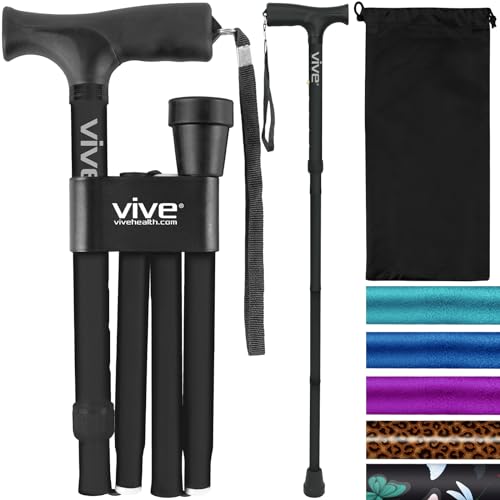 Folding Cane by Vive - Sturdy Lightweight Walking Stick for Men & Women - Collapsible Cane Design for Portability & Convenience - Sleek & Fashionable Look - Lifetime Guarantee (Black) by VIVE