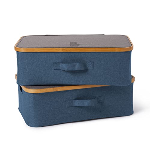 Lumaland faltbares Unterbett Aufbewahrungsbox Organizer mit Bambus-Rahmen im 2er Set Maße 54 x 33 x 18 cm, Grauer Deckel/Blau Box