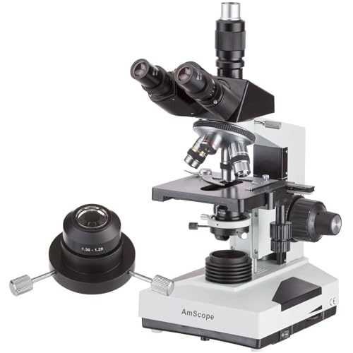 AmScope T490B-DKO Trinokulares Dunkles Feld Verbundmikroskop mit Ölkondensator, 40X-2000X, 12" x 9" x 16", Weiß