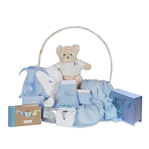 BebeDeParis | Luxusgeschenke für Neugeborene | Geschenkkorb voller Erinnerungen | Enthält Doudou Bunny und großes Plüschbär | 3-6 Monate (Blau)