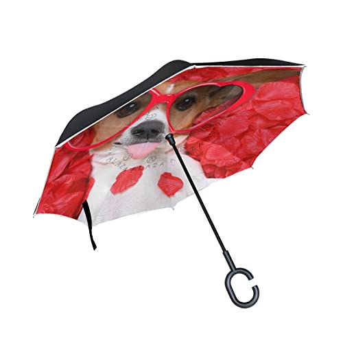 hengpai Regenschirm, Motiv: niedlicher Hund, umgekehrt, umgekehrt, für Autos, Unigue, winddicht, UV-beständig, doppellagig für Damen