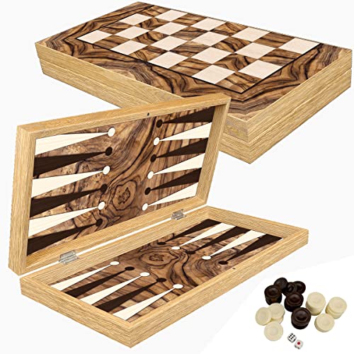 Deluxe Holz Backgammon Schach Set Olive im XXL Format 48x48,7 cm - Tavla Backgammon Holz Koffer Schachbrett klappbar