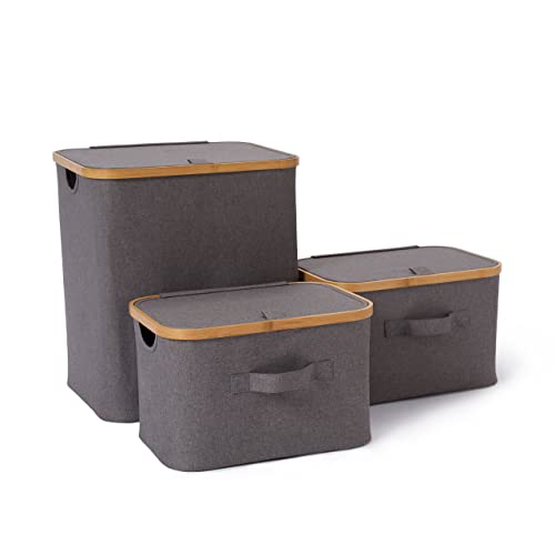Lumaland faltbare Bambus-Rahmen-Aufbewahrungsbox 3er Set mit Deckel Boxen in den Maßen zweimal 38 x 26 x 23 cm und 40,5 x 33 x 45 cm, Grau