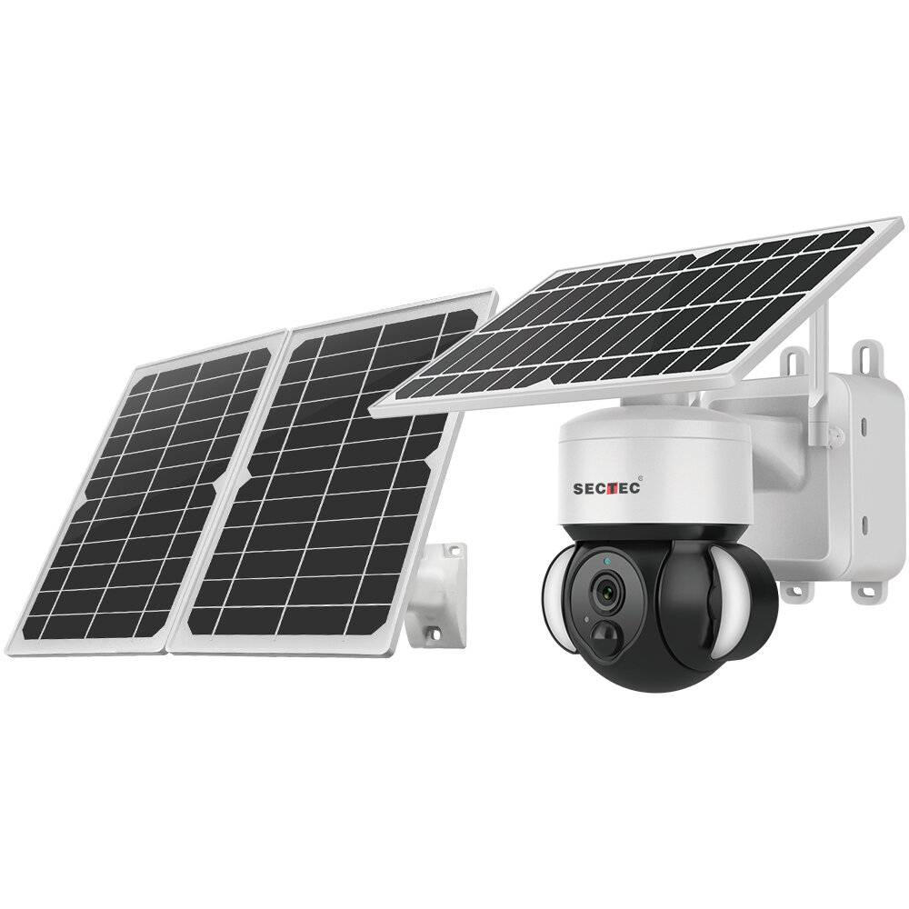 SECTEC Solar-WLAN-Flutlichtkamera, ganztägige Aufnahme, Farbnachtsicht, PIR, Bewegungserkennung, Batterie, mit Strom ver