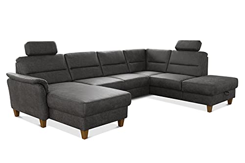 CAVADORE Wohnlandschaft Palera / Federkern-Sofa in U-Form mit 2 Kopfstützen / 314 x 89 x 212 / Mikrofaser in Lederoptik, Dunkelgrau