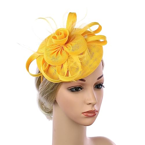 Damen-Fascinator-Hut mit Stirnband und Clip, Leinen, Blumen- und Feder-Kopfbedeckung, Derby-Kopfbedeckung for Damen und Mädchen, Hochzeiten, Stirnband Mode-Stirnbänder (Color : Y)