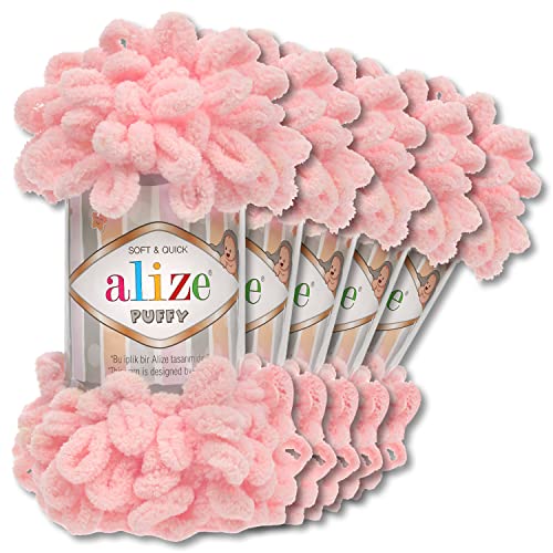 Alize 5 x 100 g Puffy Wolle Chenille Schlaufenwolle Häkeln und Stricken ohne Hilfsmittel Kleidung Accesoire Decken Teppiche (638 | Apricot)