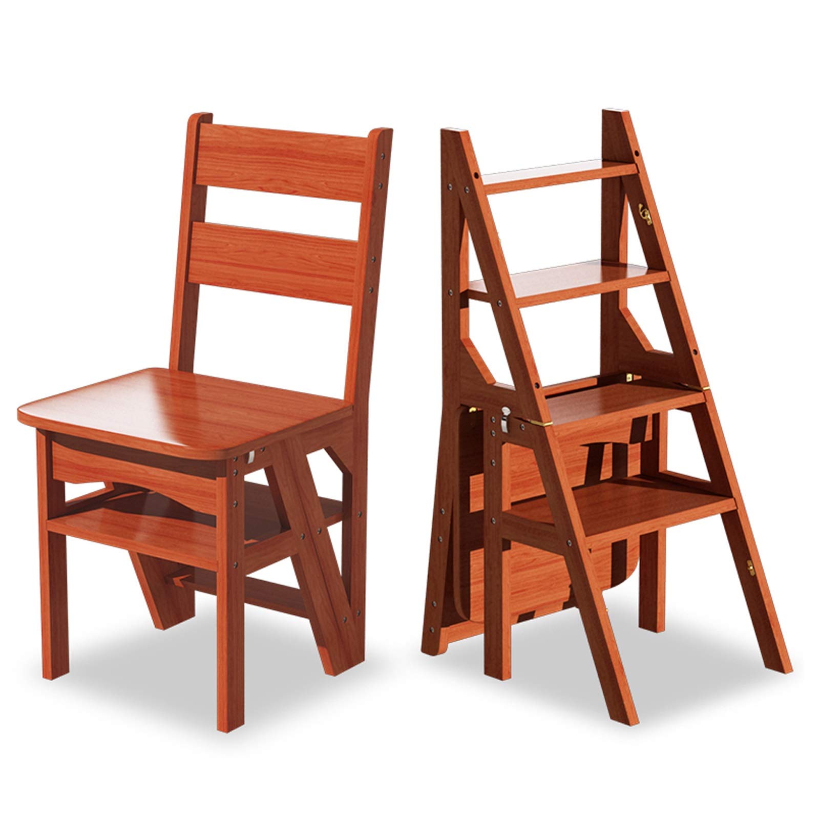 Massivholz-Klappleiter Lehrstuhl for Küche, Haushalt Faltbare Trittschemel Leiter Stuhl Tragbare Trittleiter und Stühle Kombination (Color : Walnut Color)