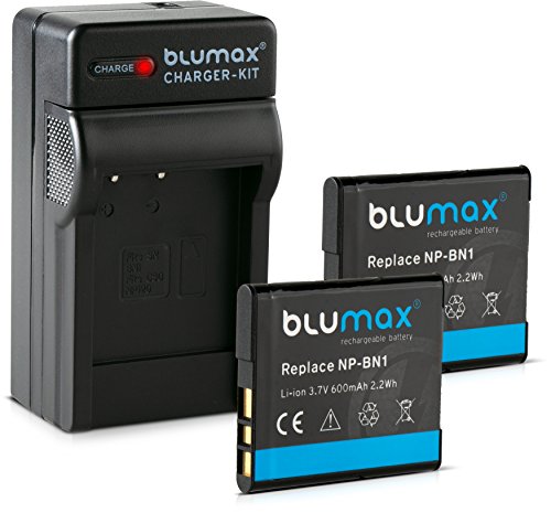 Blumax 2X Akku für Sony NP-BN1 / NPBN1 | 600mAh + Ladegerät| passend zu Sony Cyber-Shot DSC-QX10, DSC-QX100, DSC-T99, DSC-T110, TF1