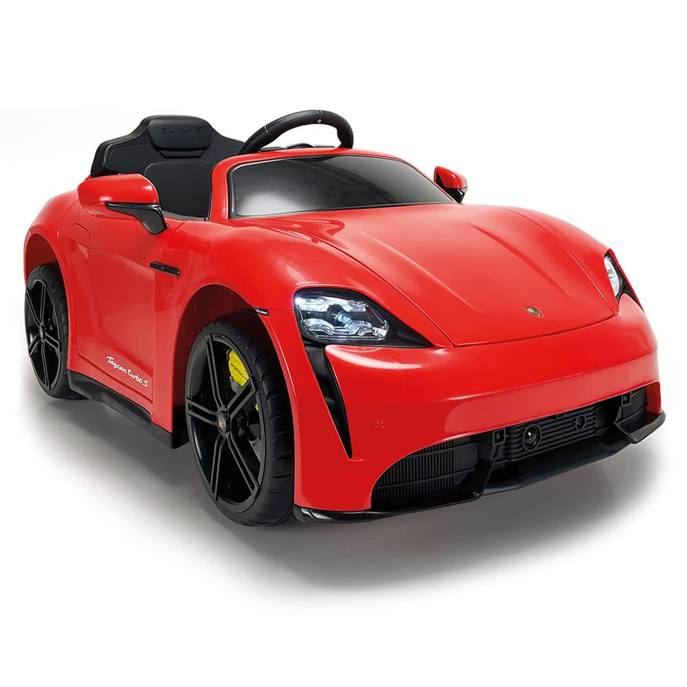 INJUSA - Elektroauto Porsche Taycan, Batterie 12V, für Kinder von 2 bis 4 Jahren, mit LED Lichtern, Geräuschen, Rückwärtsgang, Fernbedienung, inkl. Batterie und Ladegerät, 6 km/h, Rot Farbe
