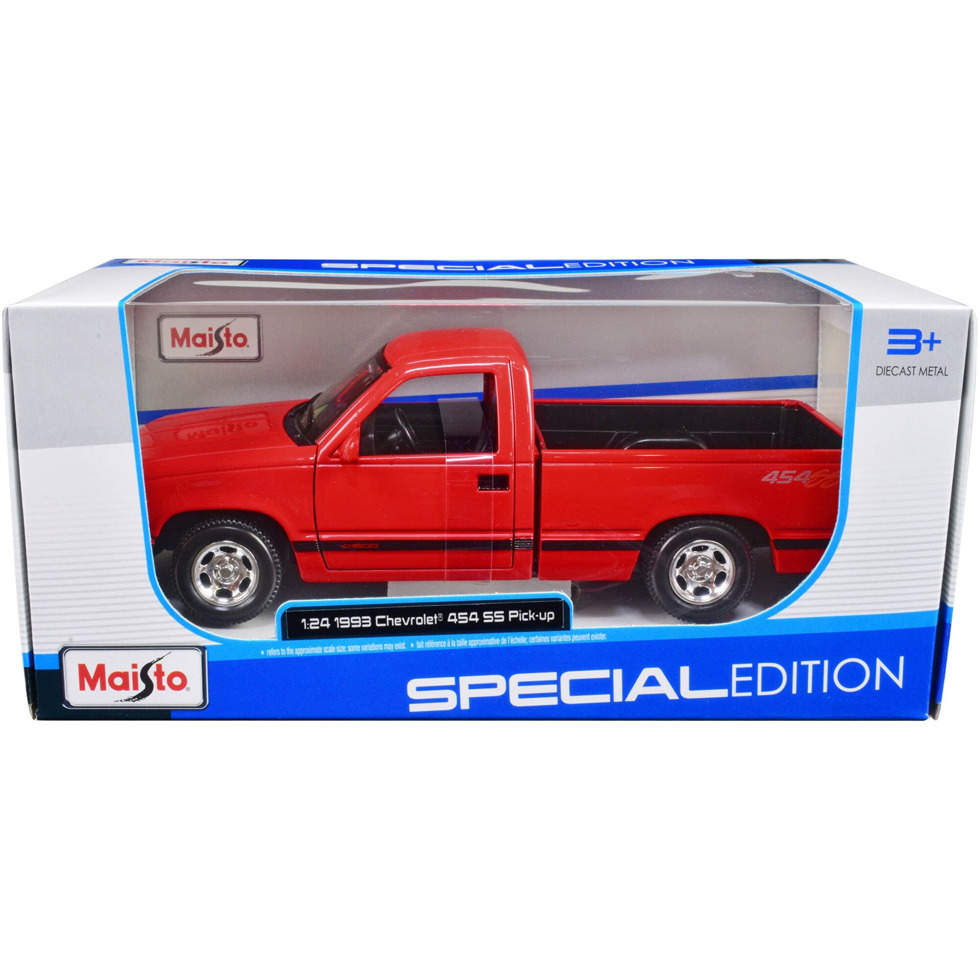 Maisto Chevrolet 454 SS Pick-Up (1993): Modellauto im Maßstab 1:24, Türen beweglich, rot (532901R)