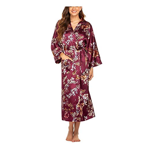 Damen Morgenmantel Seide Robe V-Ausschnitt Kimono Lose Nachtwäsche Print Bademantel Nachtwäsche Damen Hausmantel Roben Nachthemd 001-L