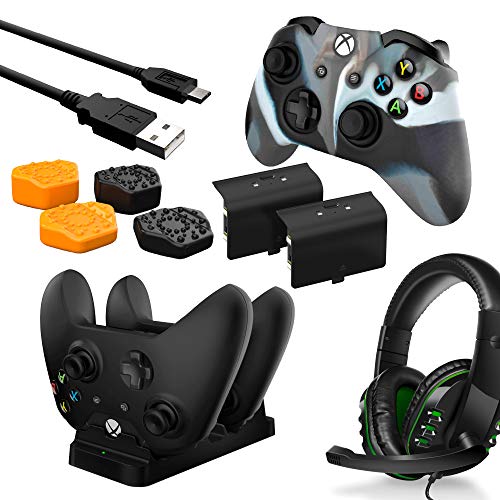 Das Premium Zubehörpaket für Xbox One enthält ein Headset, Sechskant-Daumengriffe, einen doppelten Akku, eine Ladestation, ein Ladekabel und ein Tarn-Set für das Camouflage Controller Haut