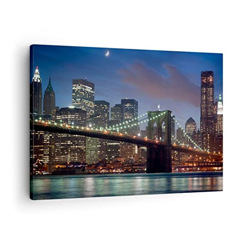 Bild auf Leinwand - Leinwandbild - Brooklyn brücke nacht new york city - 70x50cm - Wand Bild - Wanddeko - Leinwanddruck - Bilder - Kunstdruck - Leinwand bilder - Wandkunst - AA70x50-0512