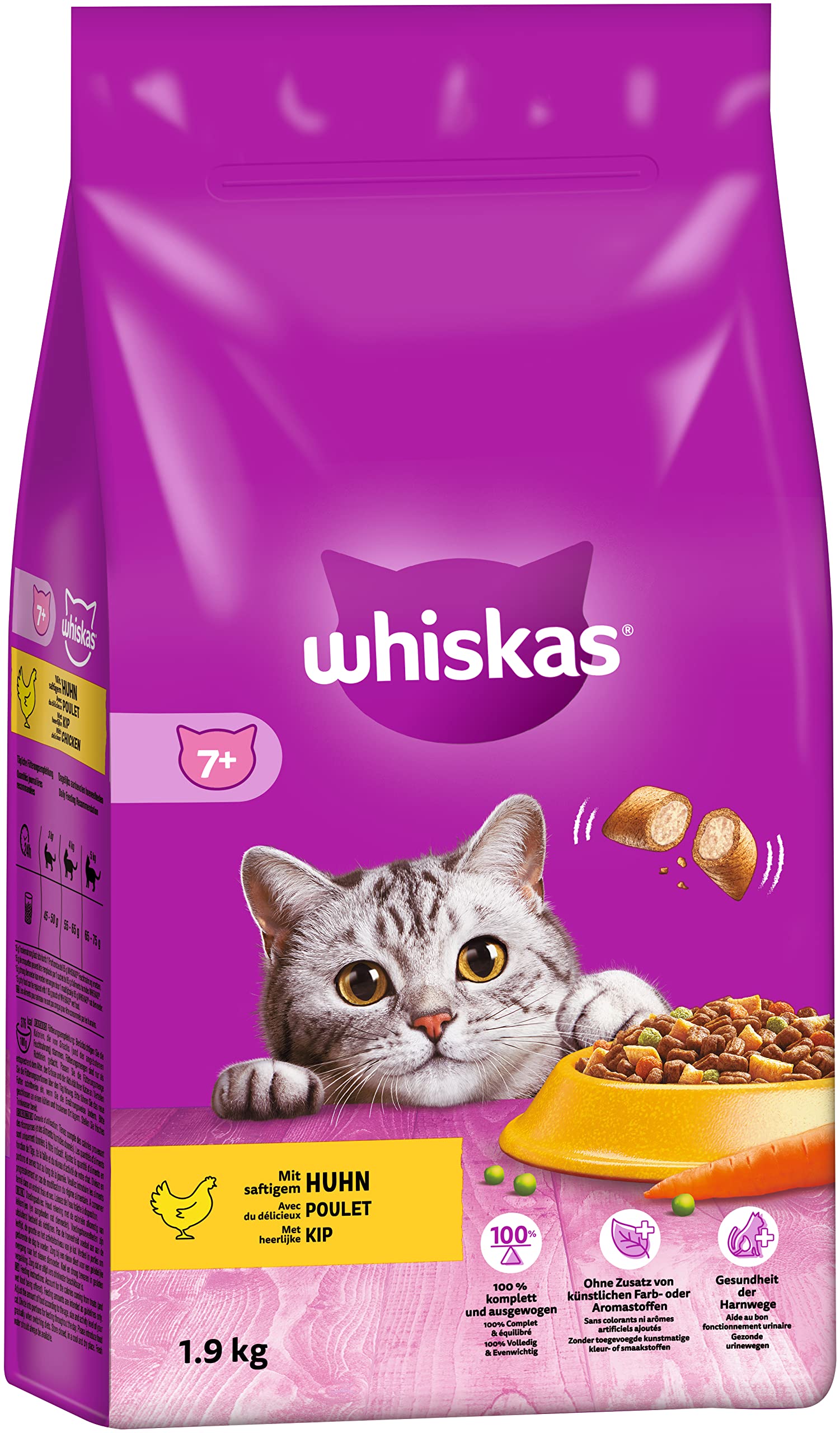 Whiskas Senior 7+ Katzentrockenfutter mit Huhn, 6 Beutel, 6x1,9kg – Hochwertiges Trockenfutter für Katzen ab 7 Jahren und älter