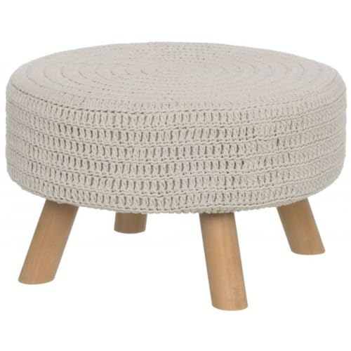 BAKAJI Pouf Niedriger Hocker Beine Füße aus Holz Fußstütze Gepolsterter Stoff Makramee Gestrickt Taupe Durchmesser 50 cm Für Schlafzimmer Wohnzimmer