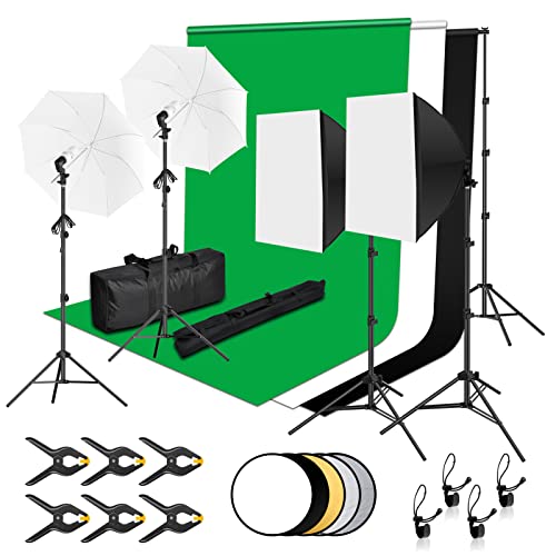 EMART Fotostudio Set, 2,6M x 3M Fotostudio Hintergrundsystem mit 3 Hintergrund Fotografie + Ständer + Softbox Set + Reflektor 5 in 1 + Regenschirme für Fotostudio Produkt Porträt Video Fotografie